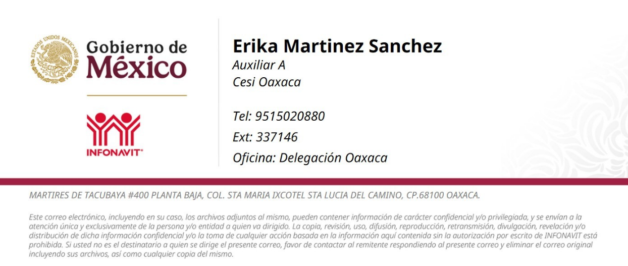 Datos de contacto de Erika Martínez Sánchez, INFONAVIT Oaxaca